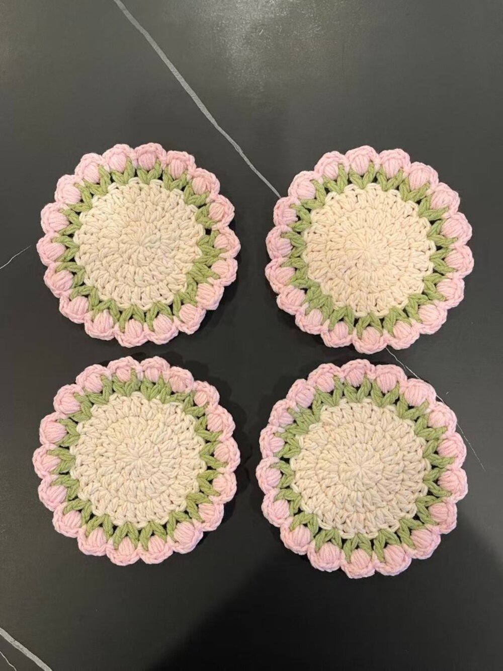 Set of 4 Handmade Crochet Pink Tulip Coasters